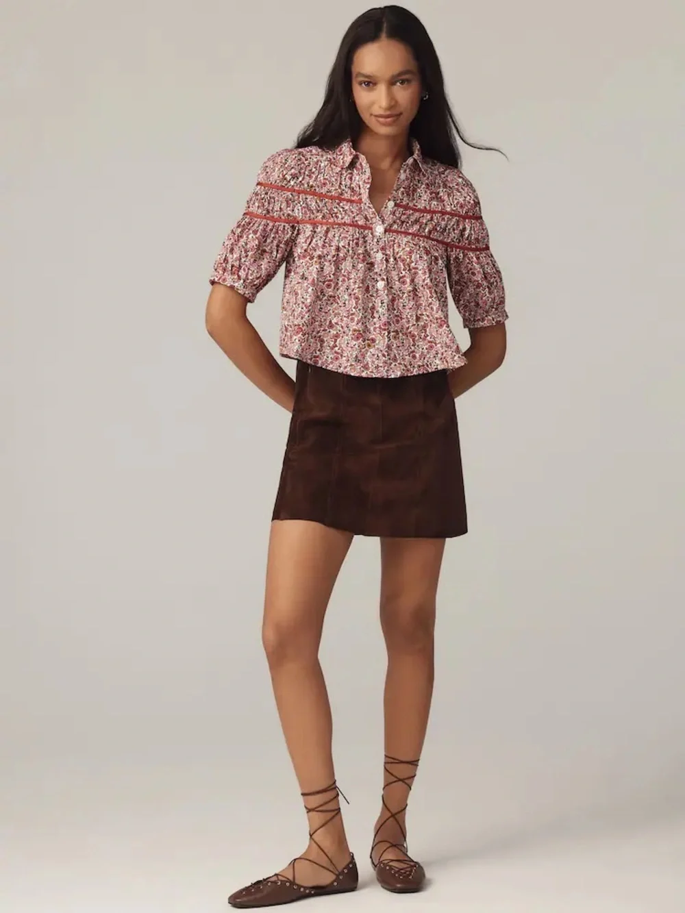 Maeve Floral Button-Front Puff-Sleeve Top in Burgundy and Pink - Picture 6 of 6